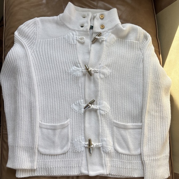 Lauren Ralph Lauren Cardigan‎ Toggle Gold Buttons Cotton Ivory Classic Cozy XL - Picture 2 of 10